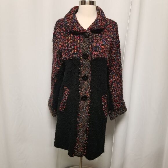Vintage Curio Chunky Knit Wool Blend Mohair Black Rainbow Longline Cardigan Md - Picture 1 of 8